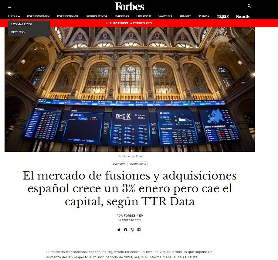 El mercado de fusiones y adquisiciones espaol crece un 3% enero pero cae el capital, segn TTR Data